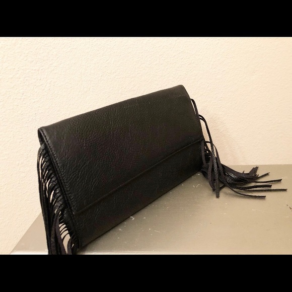 Black leather fringe clutch purse. - Picture 2 of 2